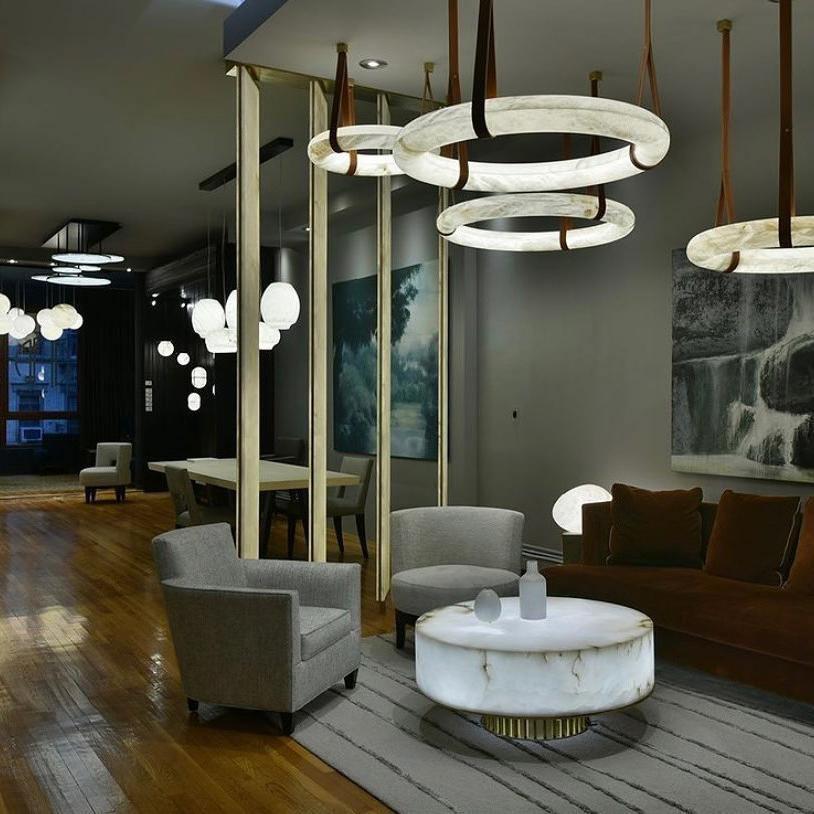 Oslo Pendant Alabaster Chandelier, Halo Ring Chandelier With Leather Chandelier Luster Gaze