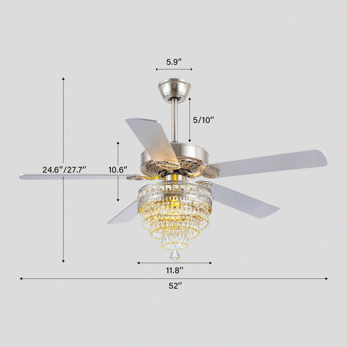 Noiseless Crystal Ceiling Fan Fandelier with Lights 52"
