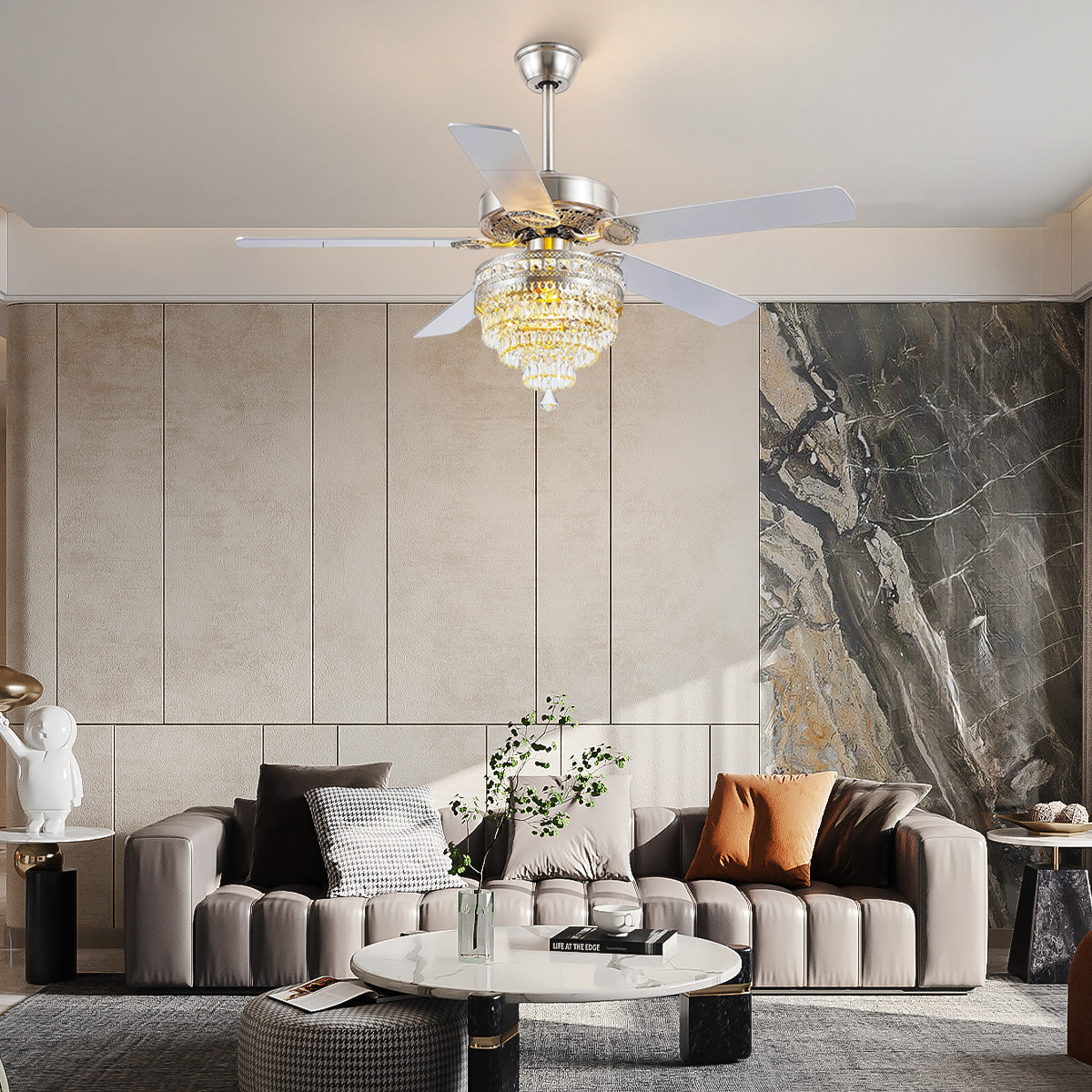Noiseless Crystal Ceiling Fan Fandelier with Lights 52"