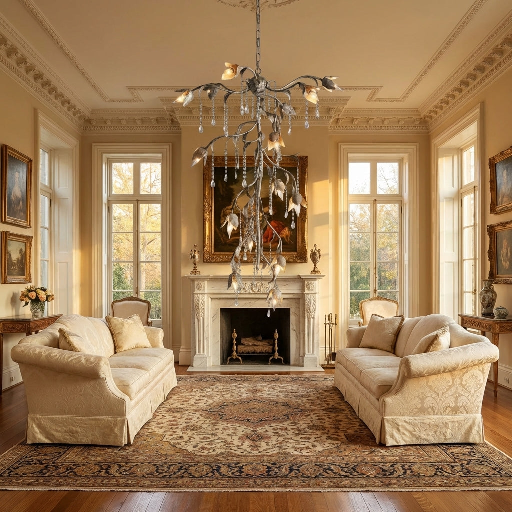 Luster Gaze Viticcio Opulent Cascade Chandelier 34" Width x 34" Depth x 54" Height x 34" Diameter - American formal living room with 12-foot ceilings
