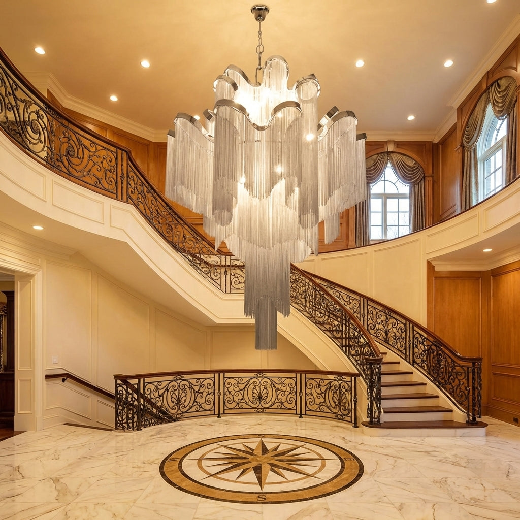 Luster Gaze Grand Cascade Extra Large Stainless Steel Long Tassel Chandelier - grand American foyer with two-story ceiling