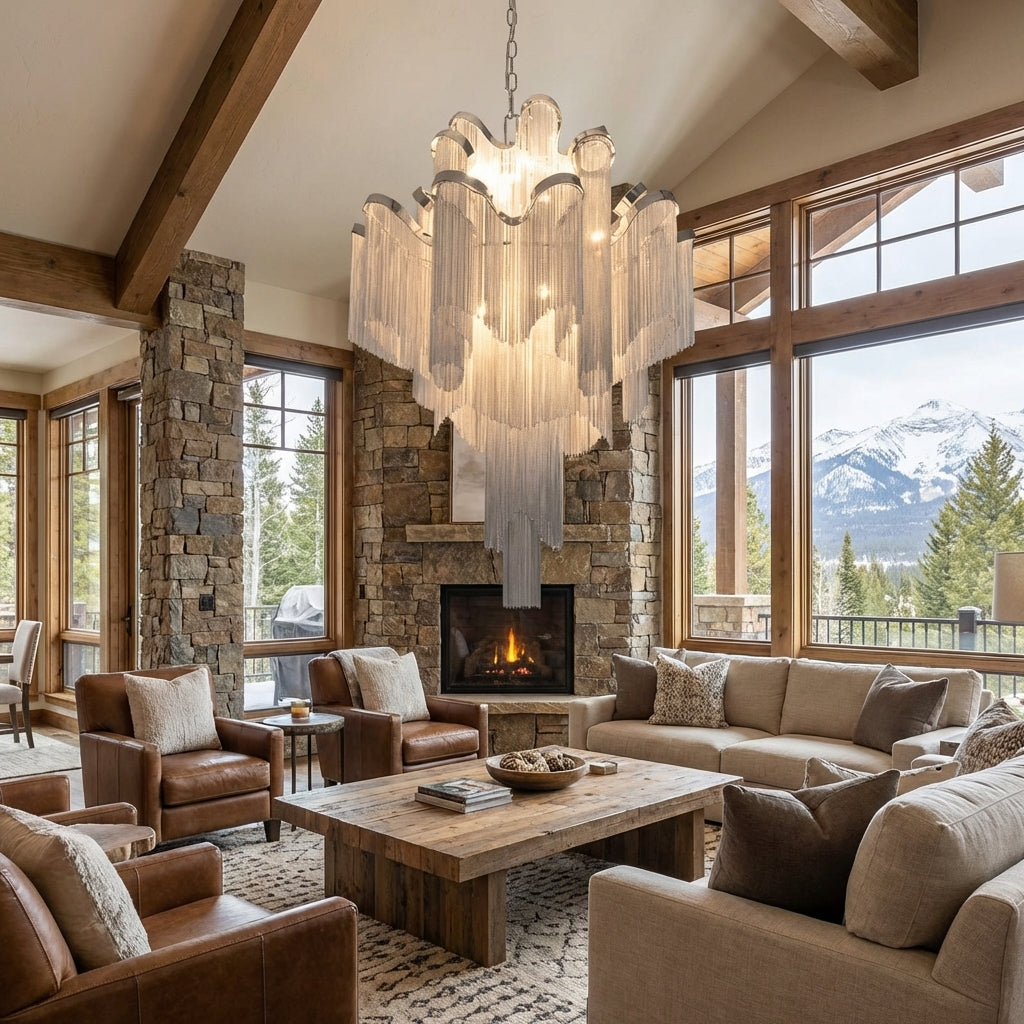 Luster Gaze Grand Cascade Extra Large Stainless Steel Long Tassel Chandelier - American transitional great room with cathedral ceiling