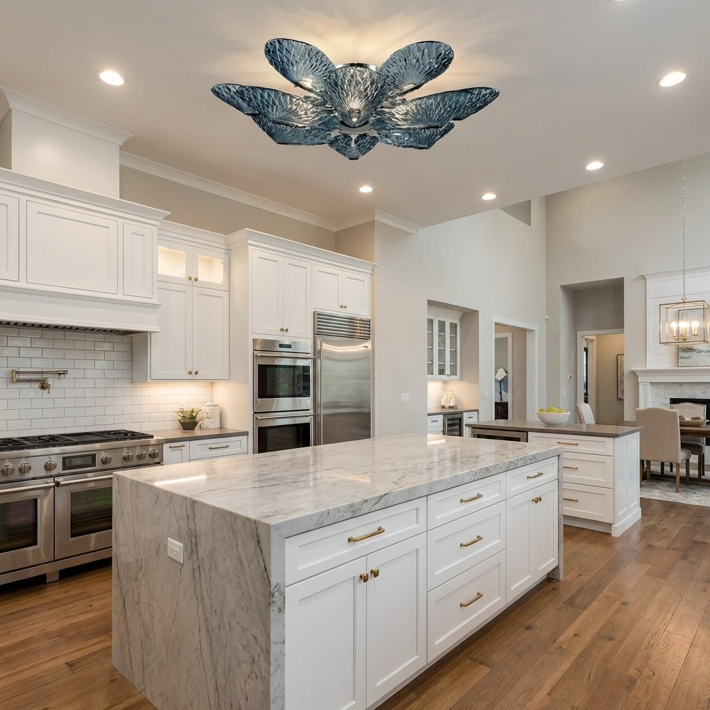 Luster Gaze Veridian Bloom Flushmount 24" Diameter x 8" Height, 6 lights - modern American kitchen with island