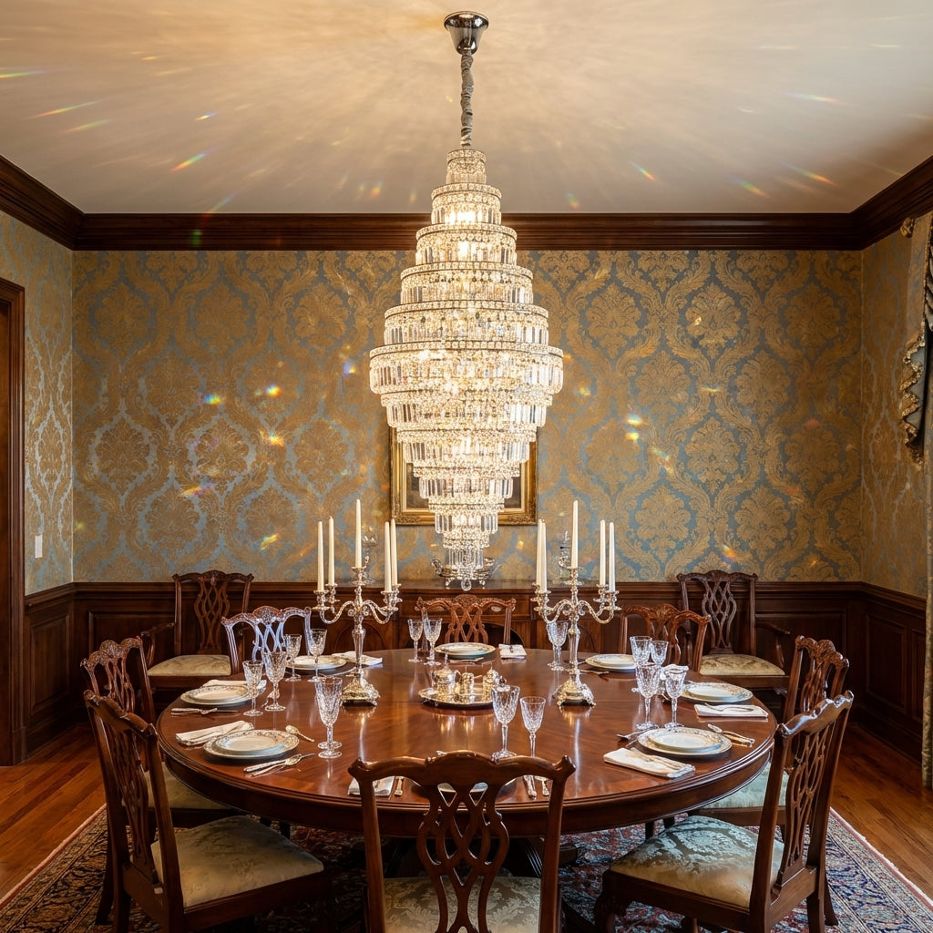 Luster Gaze Grand Lumina Round Extra Large Crystal Chandelier in Silver - formal American dining room