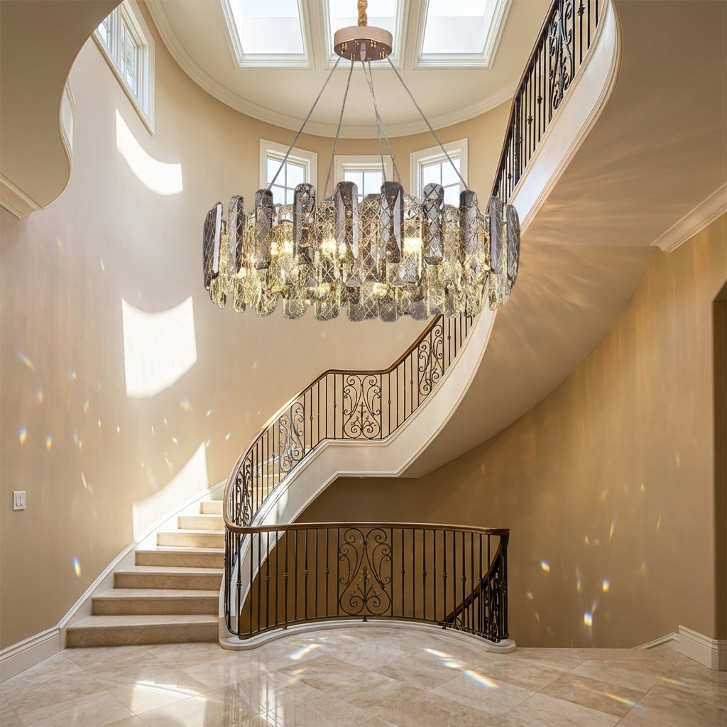 Luster Gaze Aura Grand Round/Rectangle Chandelier with Smoky Gray K9 Crystal - dramatic American stairwell with soaring ceiling
