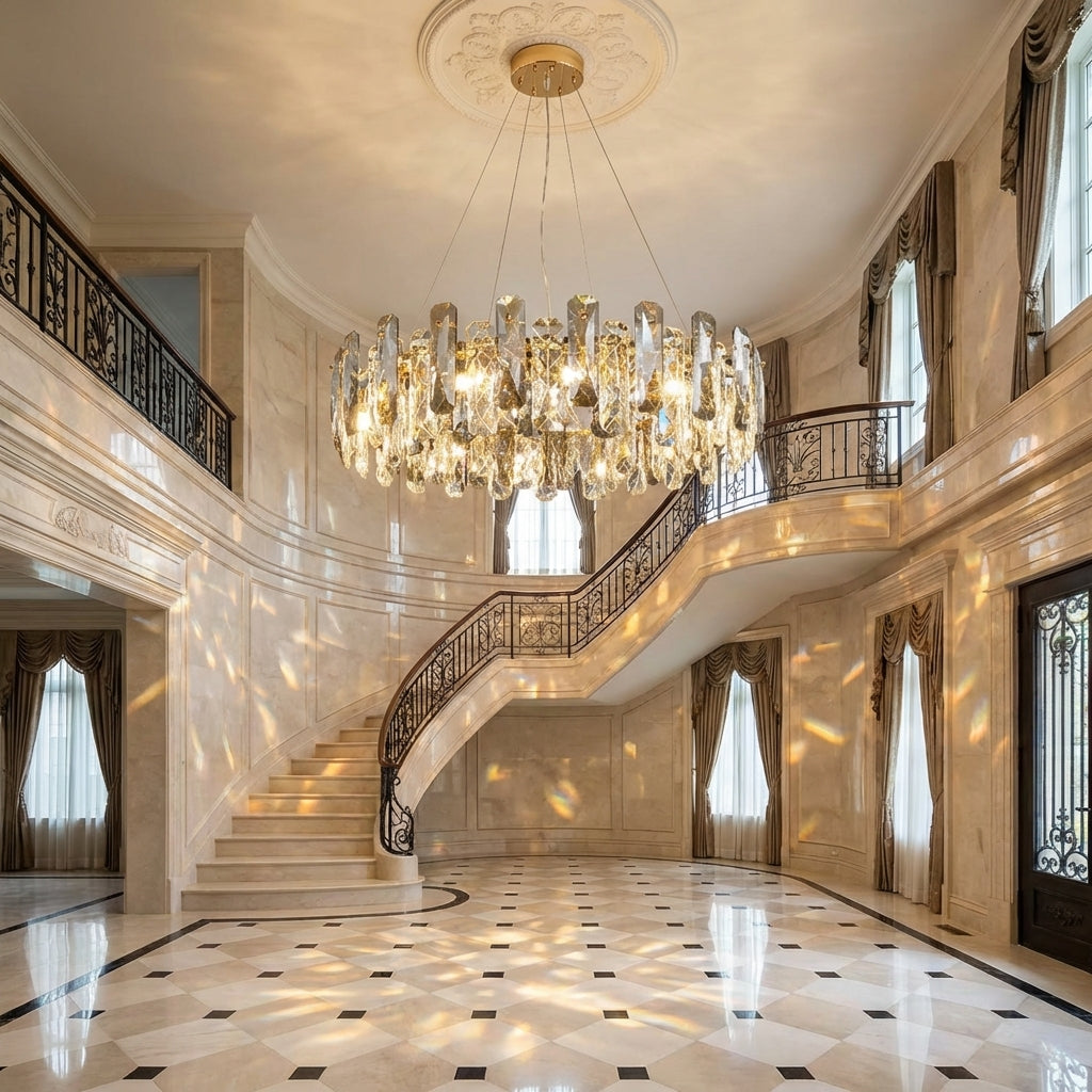 Luster Gaze Aura Grand Round/Rectangle Chandelier with Smoky Gray K9 Crystal - grand American estate foyer
