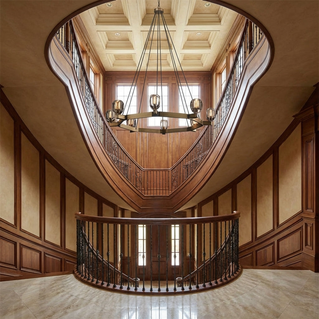 Luster Gaze Veridian Crystal Round Chandelier 60" - dramatic American stairwell with soaring ceiling