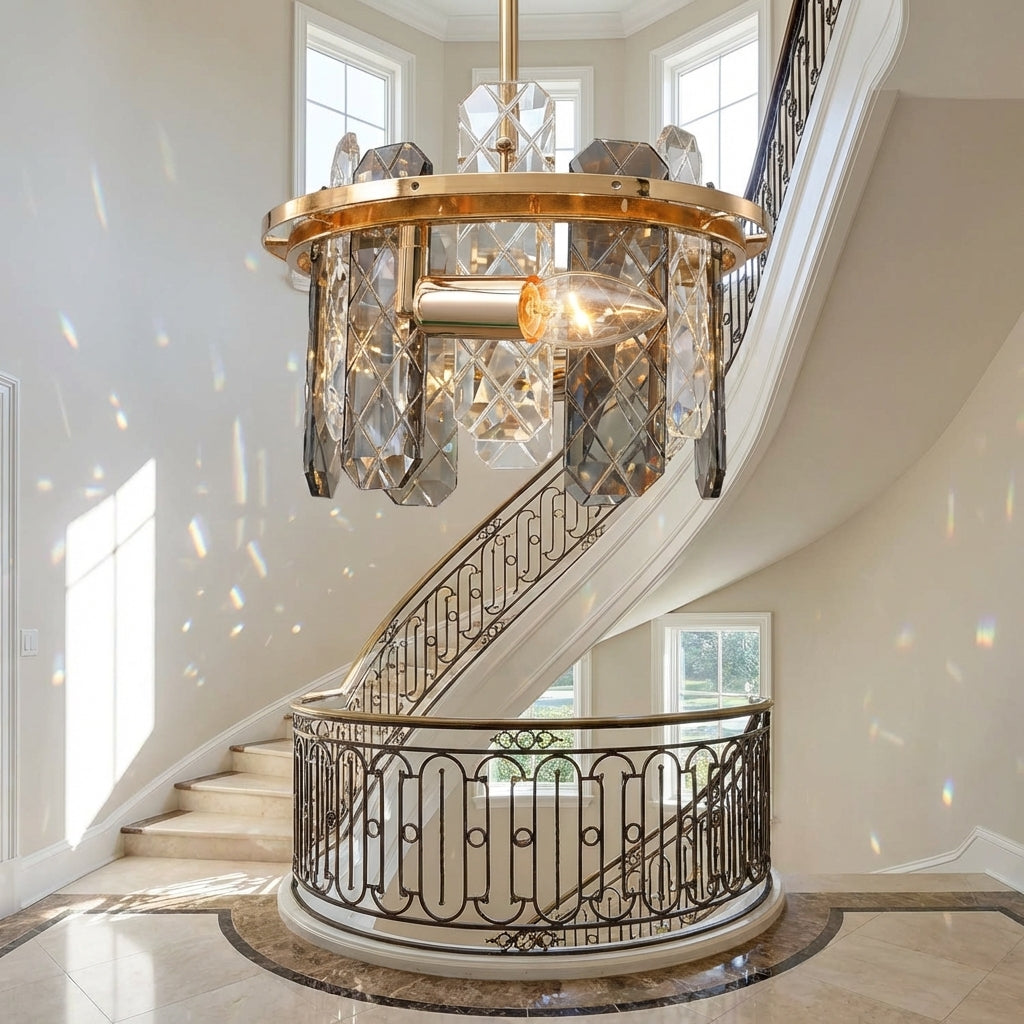 Luster Gaze Aura Grand Round/Rectangle Chandelier with Smoky Gray K9 Crystal - dramatic American stairwell with soaring ceiling