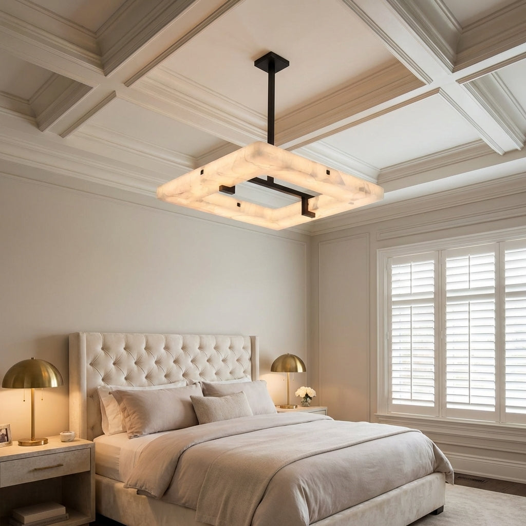 Luster Gaze Aura Square Chandelier 100cm W x 100cm L x 10cm H 39.4" W x 39.4" L x 5.5" H - American master bedroom with coffered ceiling