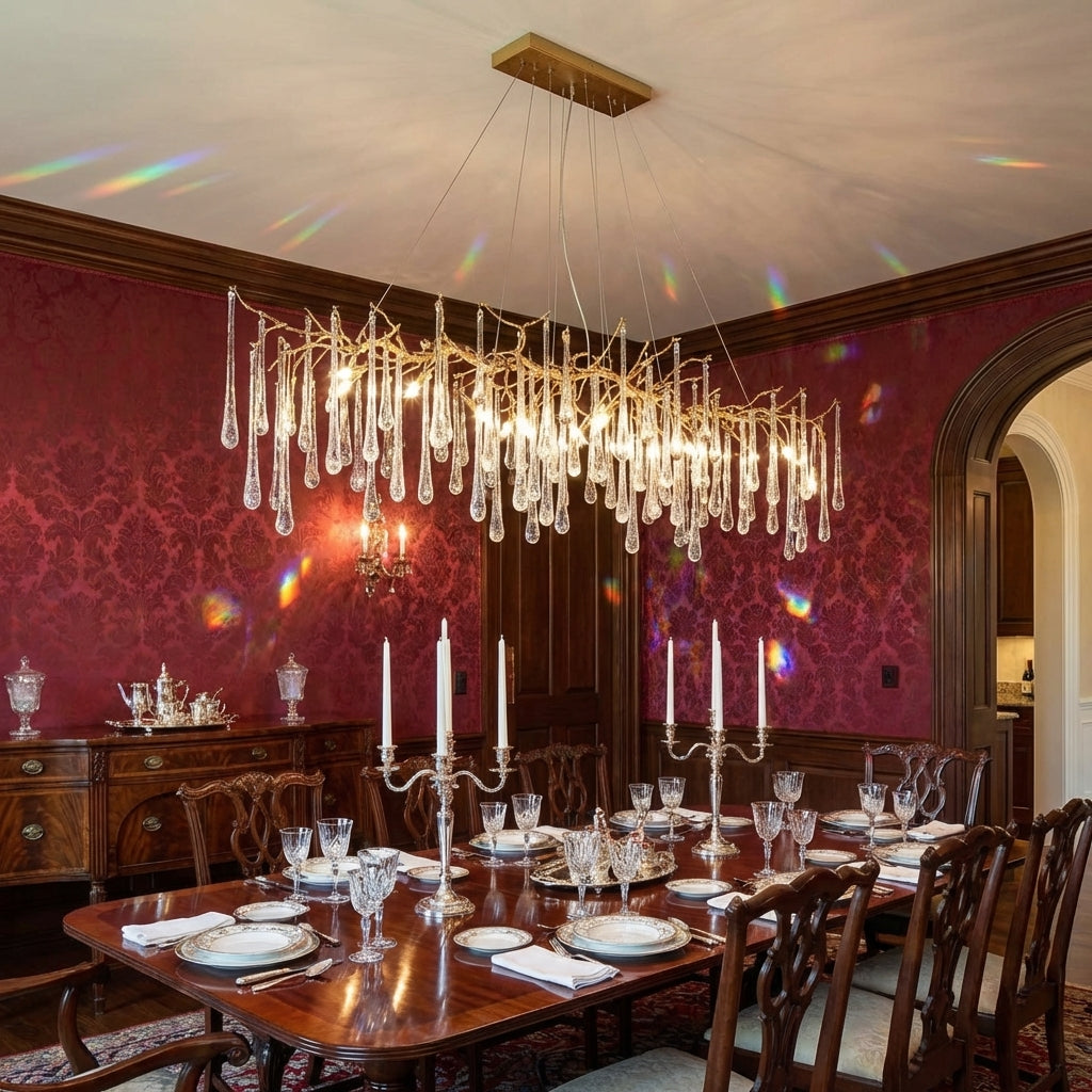 Luster Gaze Verdant Cascade Branch Chandeliers L 33.5"(85cm) x W 15.7"(40cm) x H 19.7"(50cm), L 41.3"(105cm) x W 17.7"(45cm) x H 25.6"(65cm), L 49.2"(125cm) x W 17.7"(45cm) x H 25.6"(65cm), L 59.1"(150cm) x W 17.7"(45cm) x H 25.6"(65cm), L 70.9"(180cm) x W 17.7"(45cm) x H 25.6"(65cm) - formal American dining room