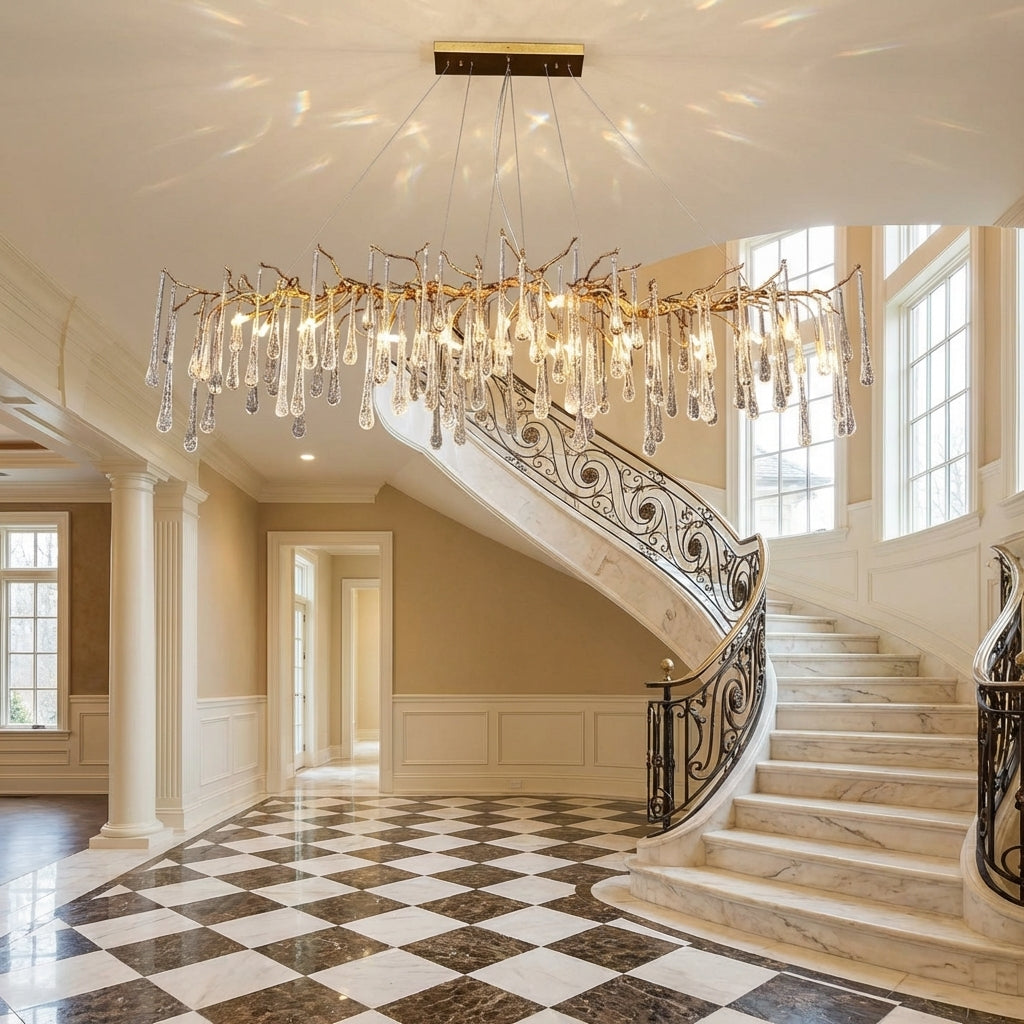 Luster Gaze Verdant Cascade Branch Chandeliers L 33.5"(85cm) x W 15.7"(40cm) x H 19.7"(50cm), L 41.3"(105cm) x W 17.7"(45cm) x H 25.6"(65cm), L 49.2"(125cm) x W 17.7"(45cm) x H 25.6"(65cm), L 59.1"(150cm) x W 17.7"(45cm) x H 25.6"(65cm), L 70.9"(180cm) x W 17.7"(45cm) x H 25.6"(65cm) - grand American estate foyer