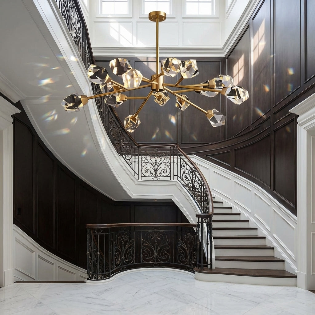 Luster Gaze Radiant Cascade K9 Crystal Chandelier 28.7"D x 17.7"H (9-Light) - dramatic American stairwell with soaring ceiling