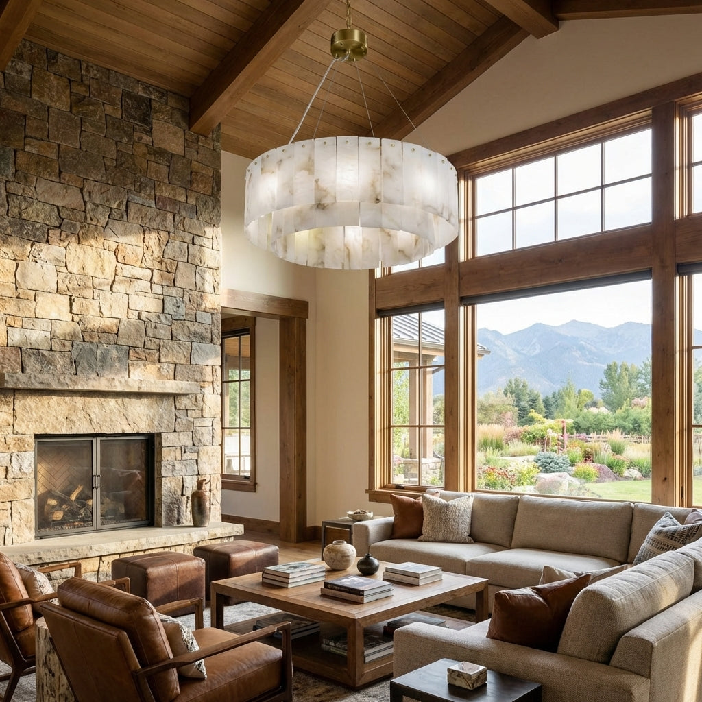 Luster Gaze Alabaster Bloom Round Chandelier - American transitional great room with cathedral ceiling