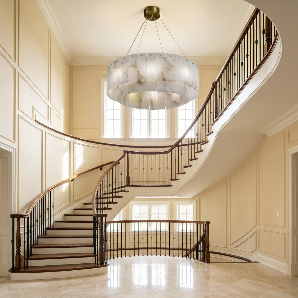 Luster Gaze Alabaster Bloom Round Chandelier - dramatic American stairwell with soaring ceiling