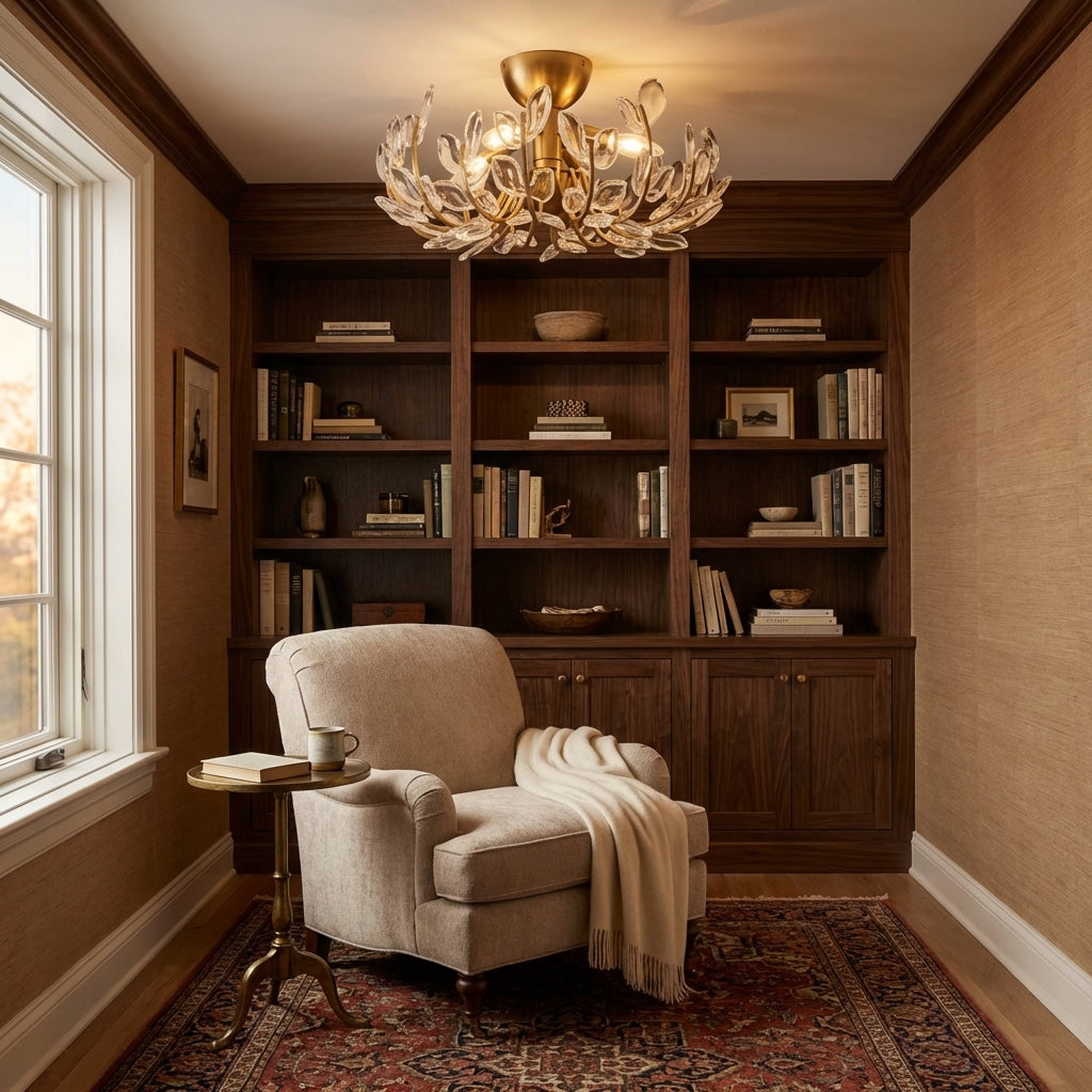 Luster Gaze Adela Flushmount - cozy American reading nook by a window