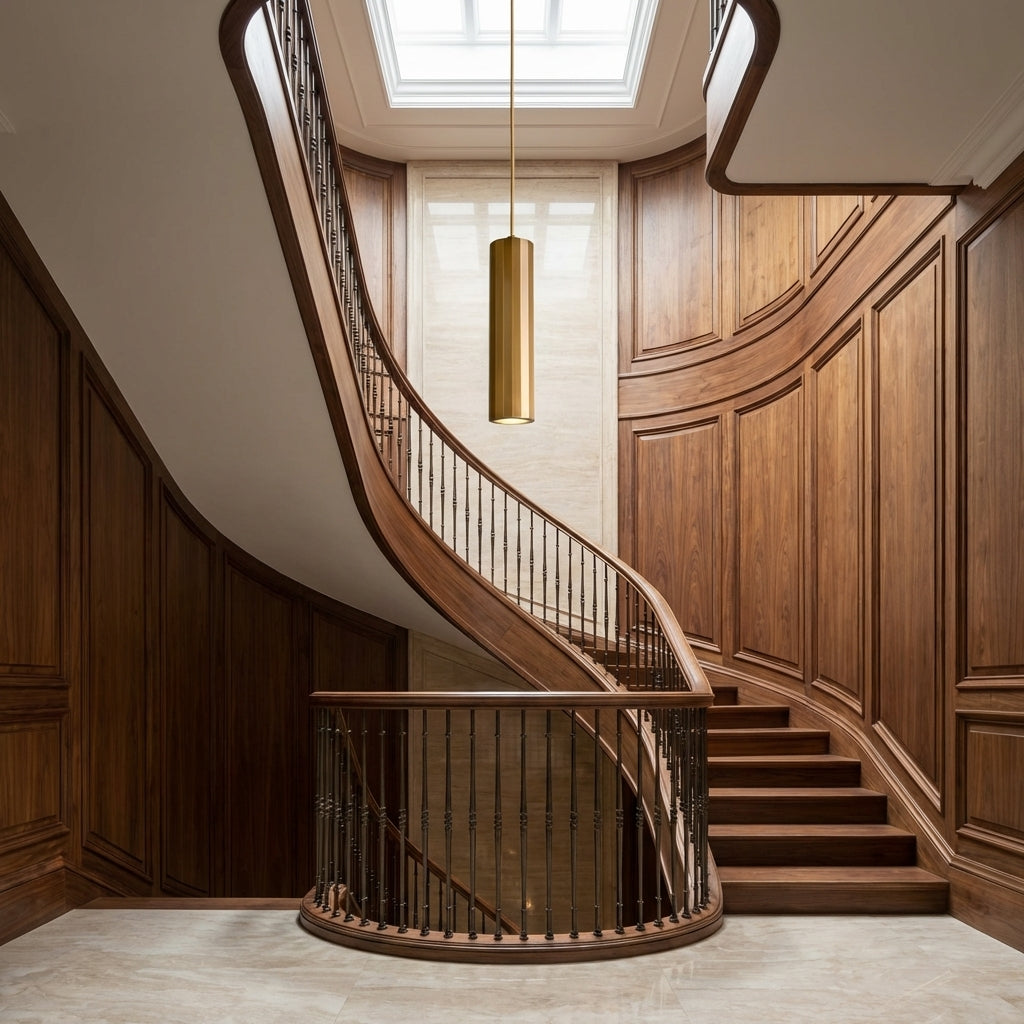 Luster Gaze Radiant Ribbed Brass Pendant Lamp - dramatic American stairwell with three-story void