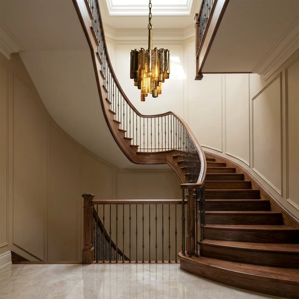Luster Gaze Veridian Bloom Glass Pendant - dramatic American stairwell with three-story void