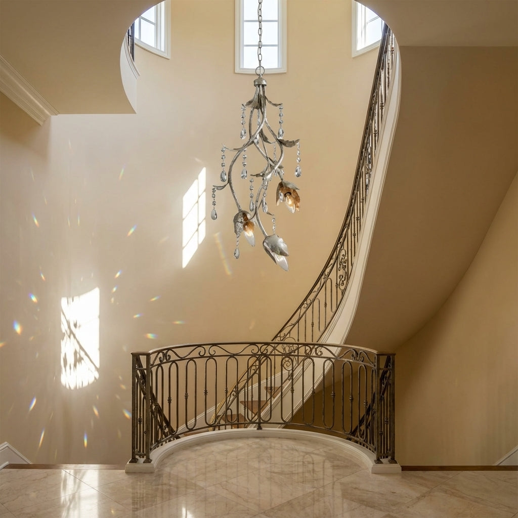 Luster Gaze Verdant Dewdrop 28" Pendant - dramatic American stairwell with soaring ceiling