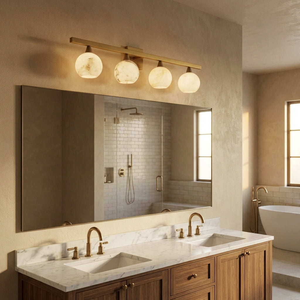 Luster Gaze Alabaster Radiance 4-Light Wall Sconce - American transitional great room with cathedral ceiling
