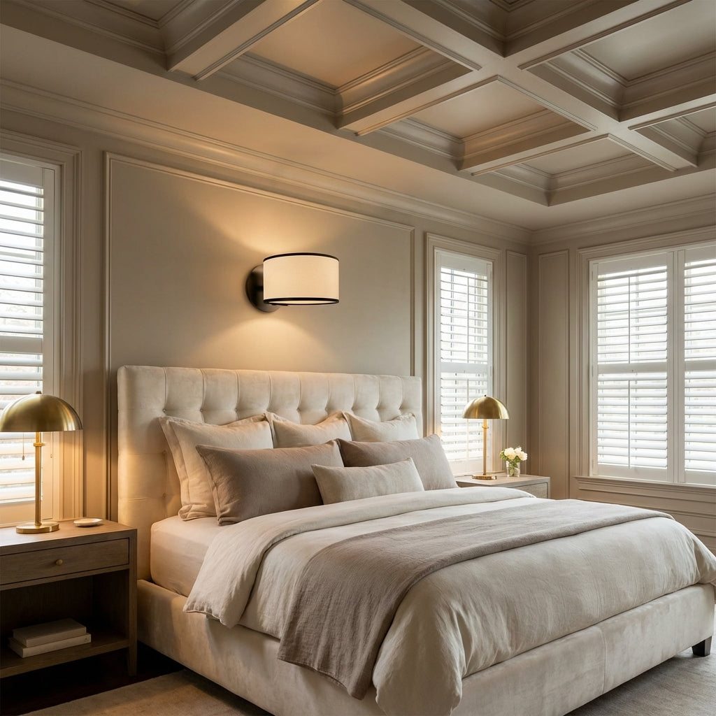 Luster Gaze Aura Beam Adjustable Sconce - American master bedroom with coffered ceiling
