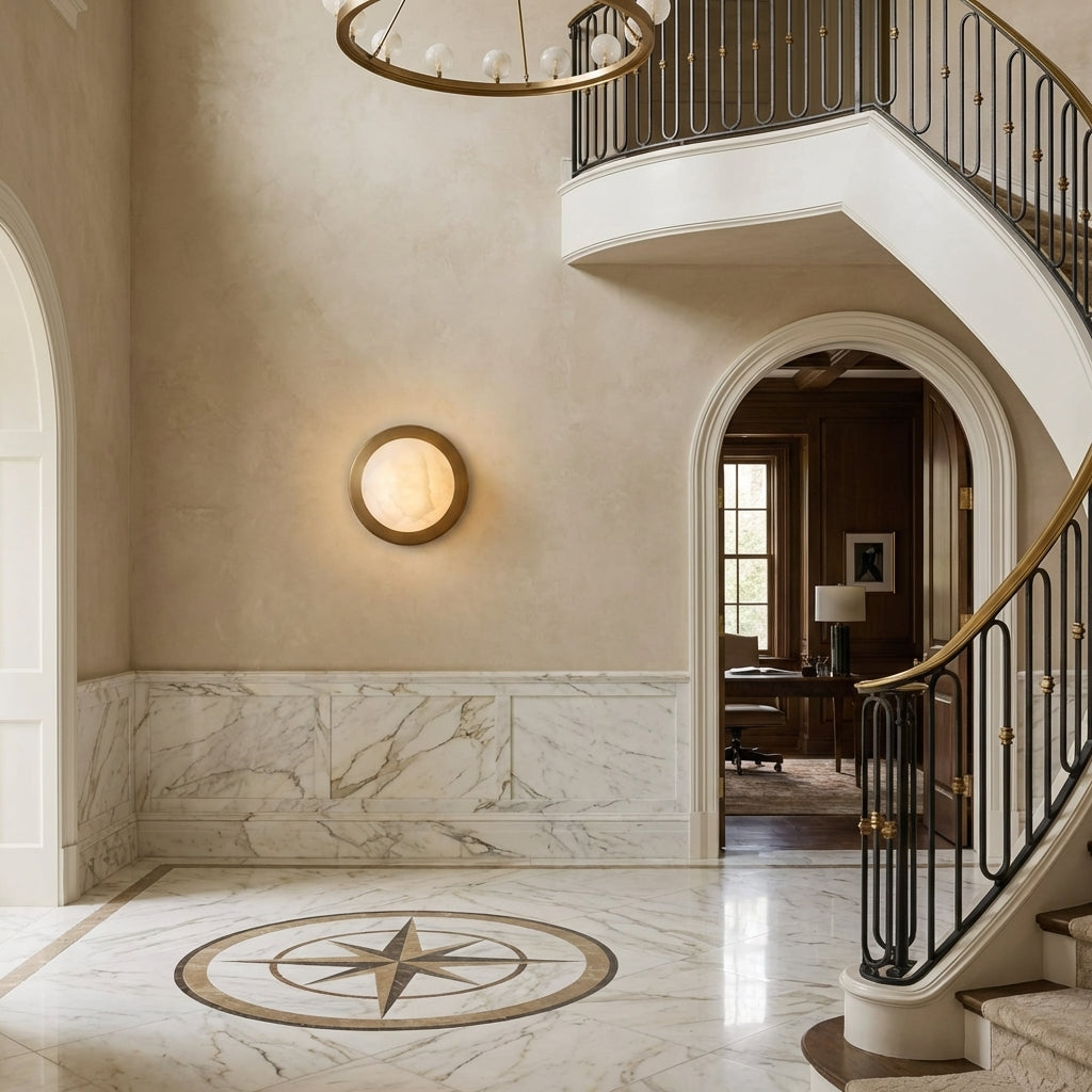 Luster Gaze Veridian Duet Alabaster Wall Sconce - grand American foyer with two-story ceiling