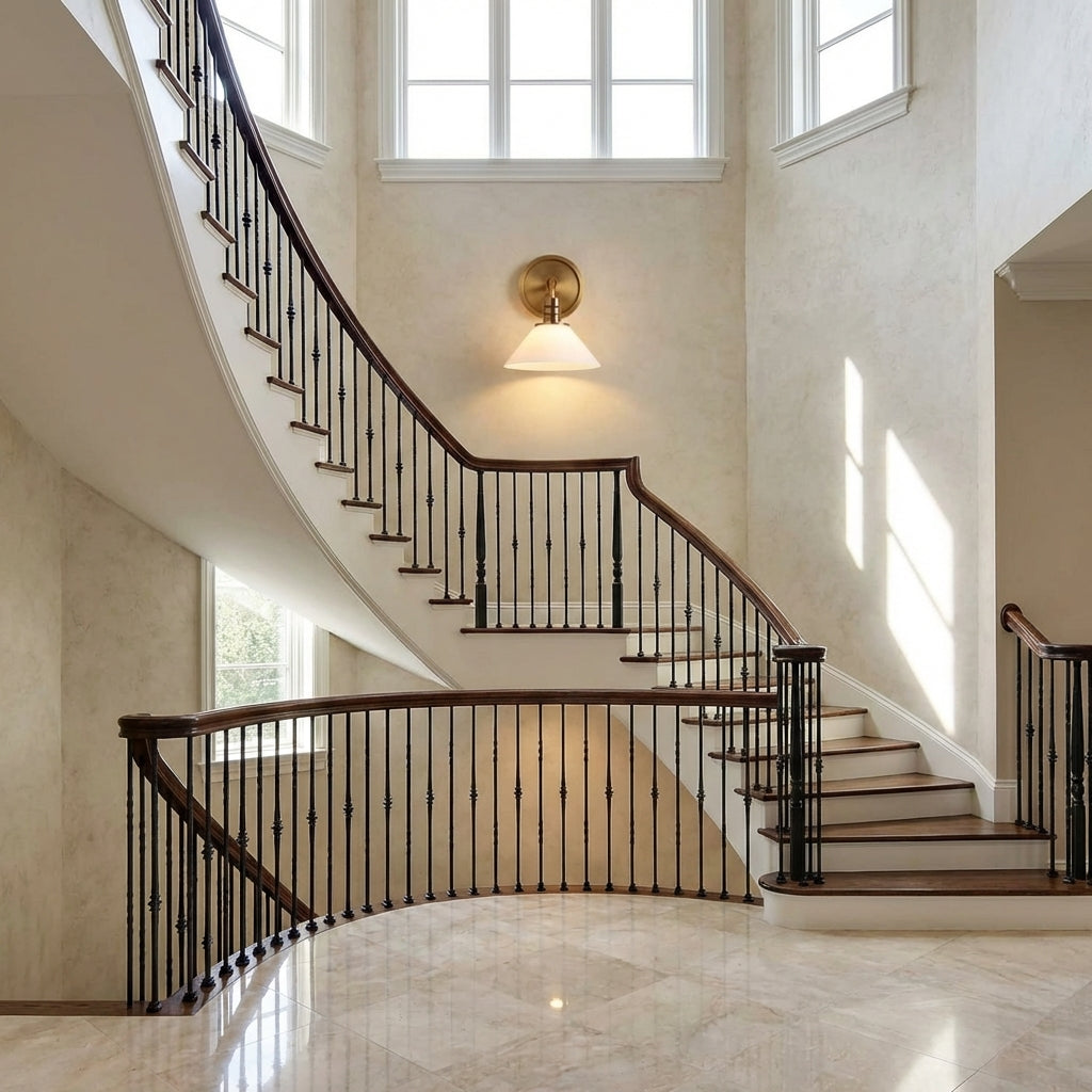 Luster Gaze Aura Single Wall Sconce - dramatic American stairwell with soaring ceiling
