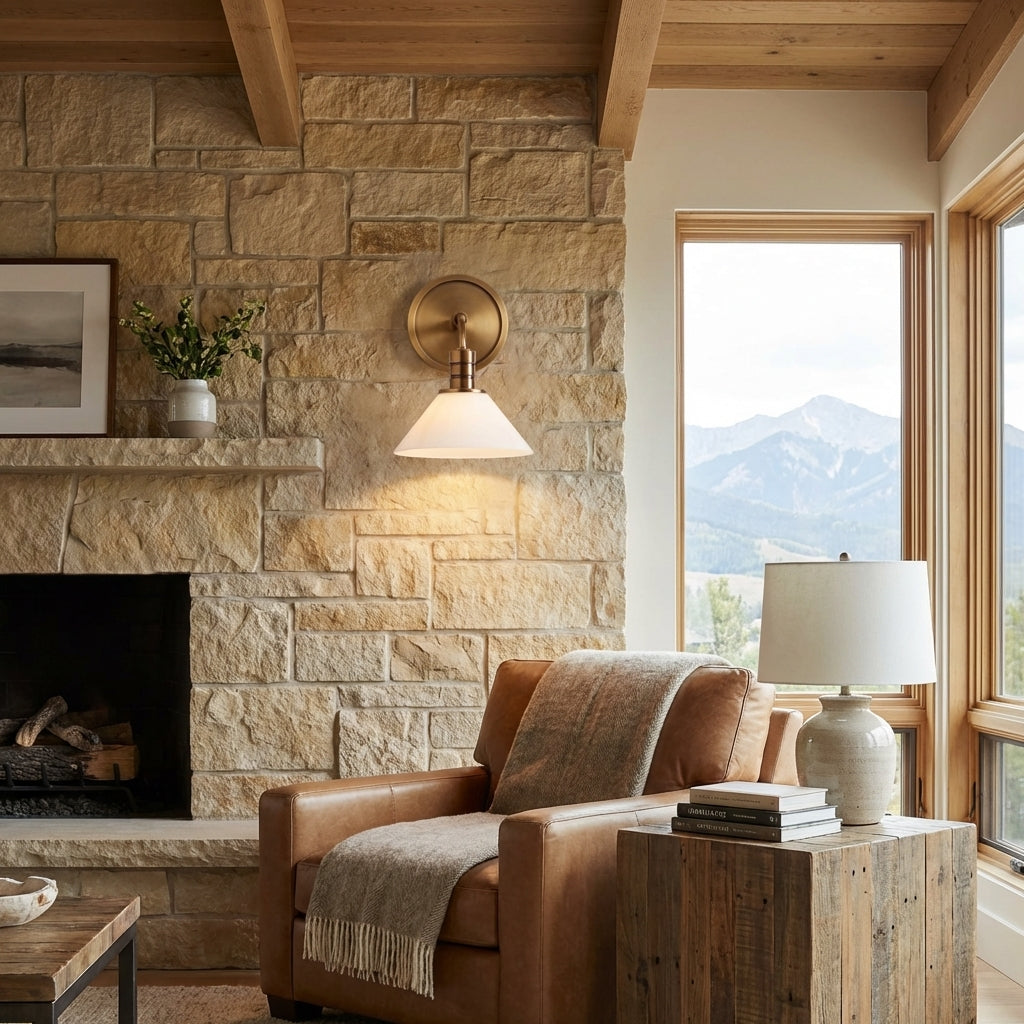 Luster Gaze Aura Single Wall Sconce - American transitional great room with cathedral ceiling