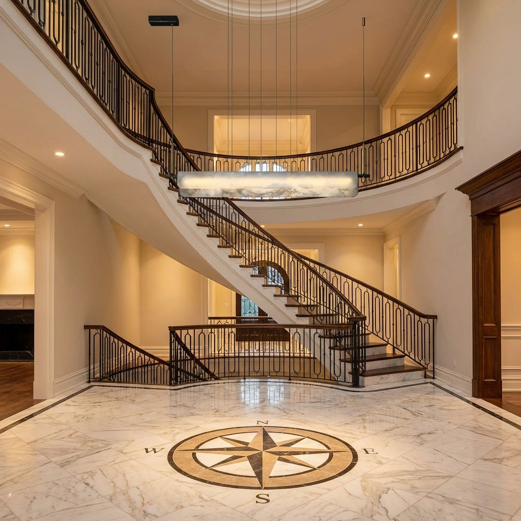Luster Gaze Opulent Alabaster Linear LED Chandelier - grand American foyer with two-story ceiling