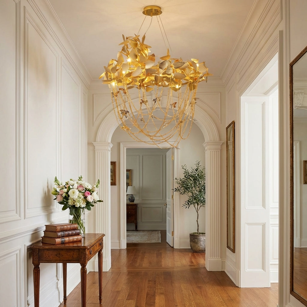 Luster Gaze Gilded Bloom Metal Chandelier - elegant American entryway with arched doorway