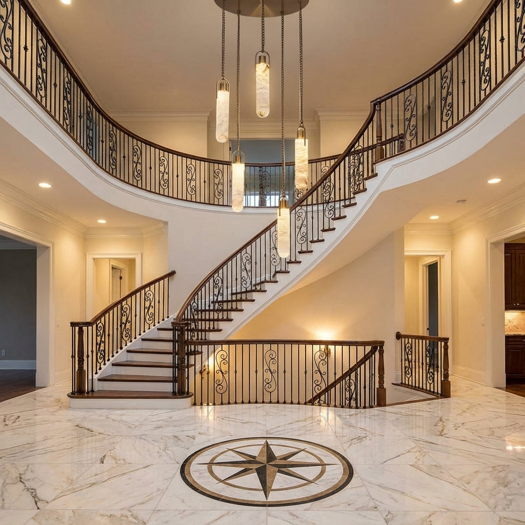 Luster Gaze Veridian Bloom Alabaster Multi-Light Pendant - grand American foyer with two-story ceiling