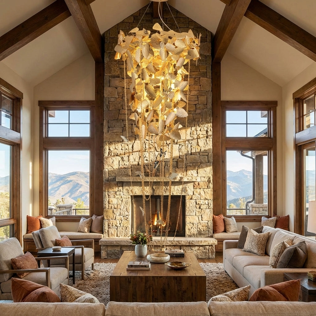 Luster Gaze Aura Gold Leaf Modern Staircase Chandelier - American transitional great room with cathedral ceiling