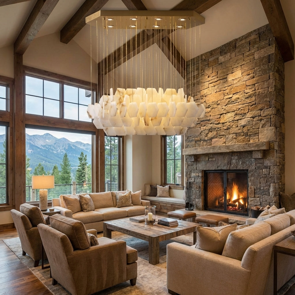 Luster Gaze Alabaster Bloom Sculptural Chandelier - American transitional great room with cathedral ceiling