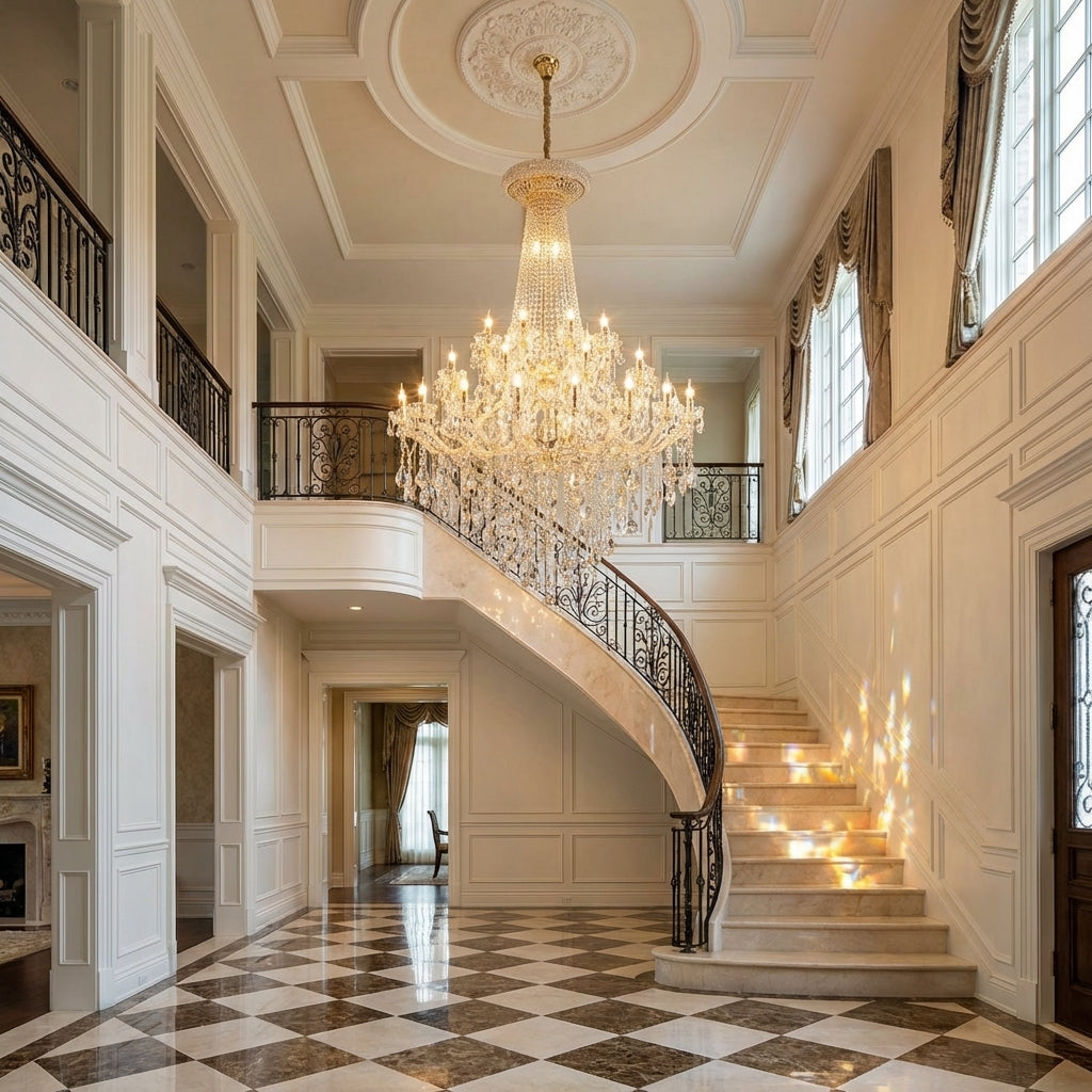 Luster Gaze Extra Large French Candle Crystal Branch Chandelier for Foyer and Staircase - grand American estate foyer