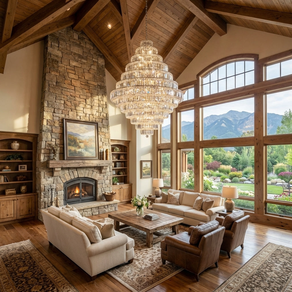 Luster Gaze Grand Radiance K9 Crystal Round Chandelier - American transitional great room with cathedral ceiling