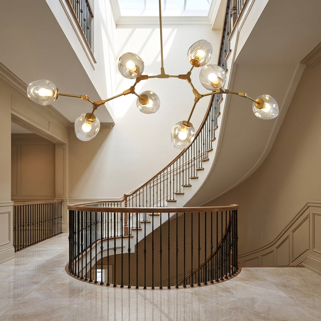 Luster Gaze Sculptural Branch Chandelier with Glass Pendants - dramatic American stairwell with soaring ceiling