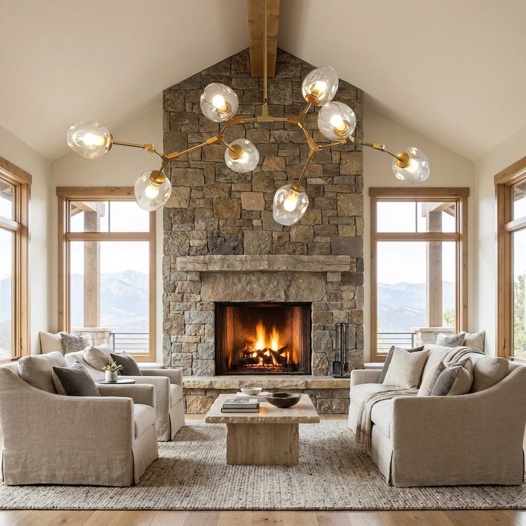 Luster Gaze Sculptural Branch Chandelier with Glass Pendants - American transitional great room with cathedral ceiling