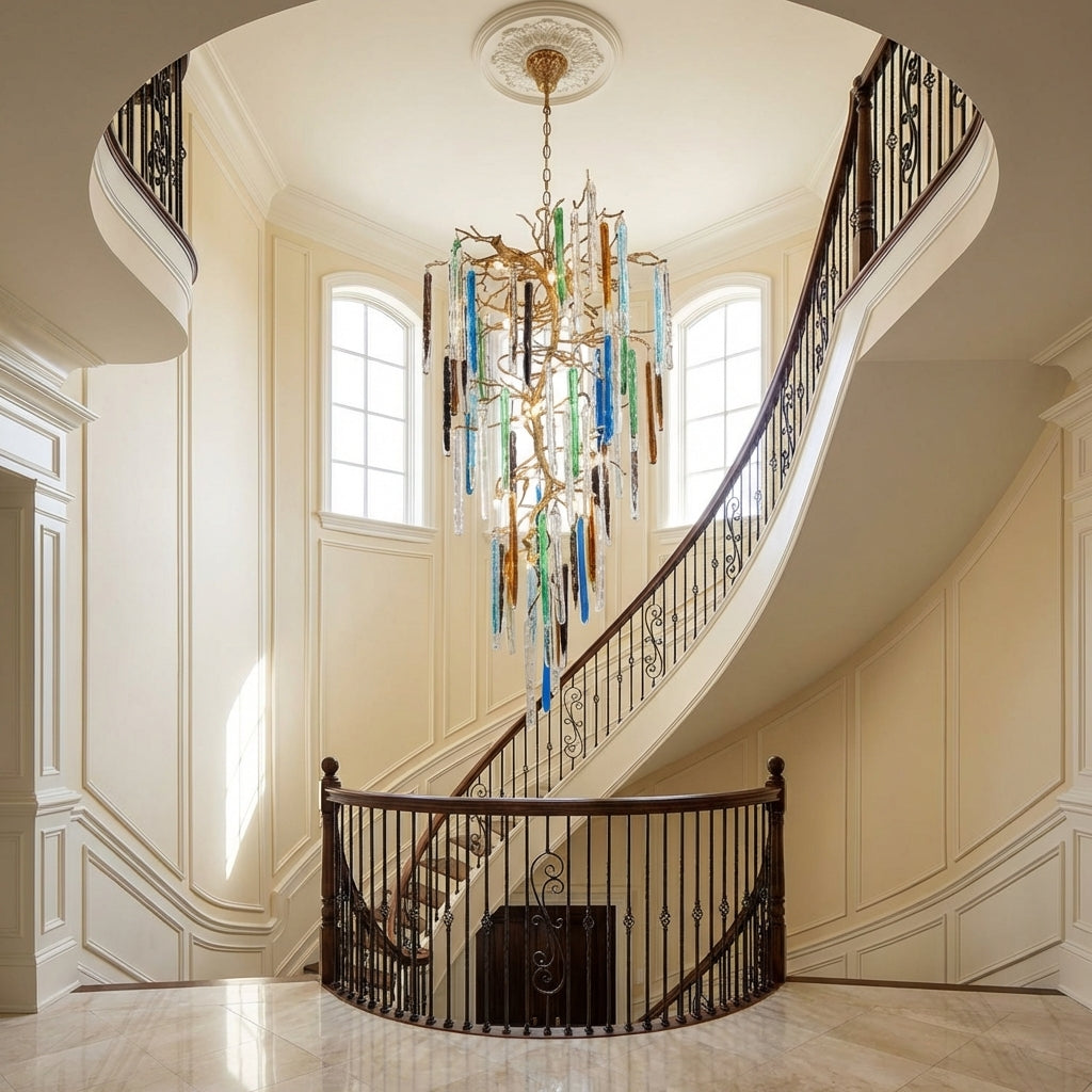 Luster Gaze Modern Light Luxury Brass Branches Colored Glass Column Chandelier for Staircase/Living Room/High-ceiling Space - dramatic American stairwell with soaring ceiling