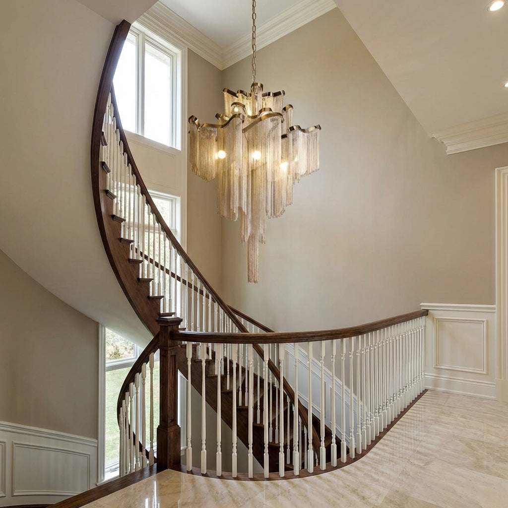 Luster Gaze Post-Modern Extra Large Stainless Steel Long Tassel Chandelier for Large Living Room / Staircase / Villa / Duplexes - dramatic American stairwell with soaring ceiling