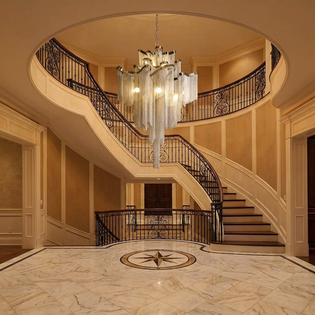 Luster Gaze Post-Modern Extra Large Stainless Steel Long Tassel Chandelier for Large Living Room / Staircase / Villa / Duplexes - grand American foyer with two-story ceiling