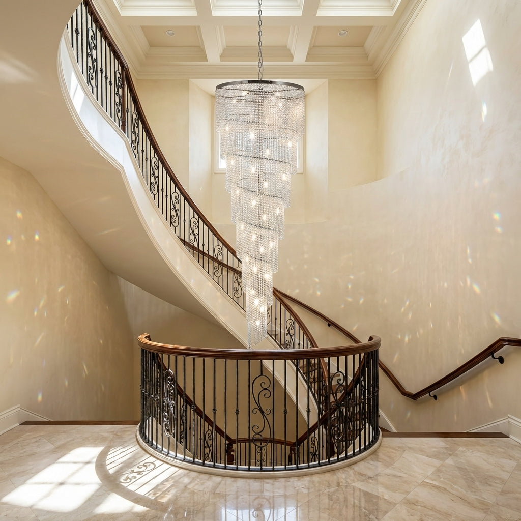 Luster Gaze Extra Large Spiral Tiered Long Crystal Chandelier Luxury Crystal Tassel Light Fixture For Staircase/Entryway - dramatic American stairwell with soaring ceiling