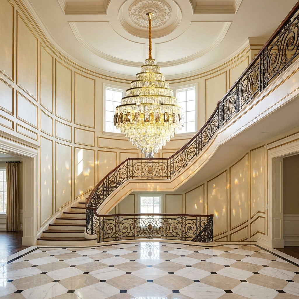 Luster Gaze Honeycomb Shaped Ceiling Chandelier Extra Large Crystal Light Fixture For Foyer Staircase/ Entryway In Gold Finish - grand American estate foyer