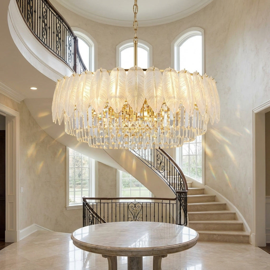 Luster Gaze Extra Large Crystal Feather Style Chandelier Long Foyer Staircase Ceiling Lighting Fixture For Living Room - Studio Shot