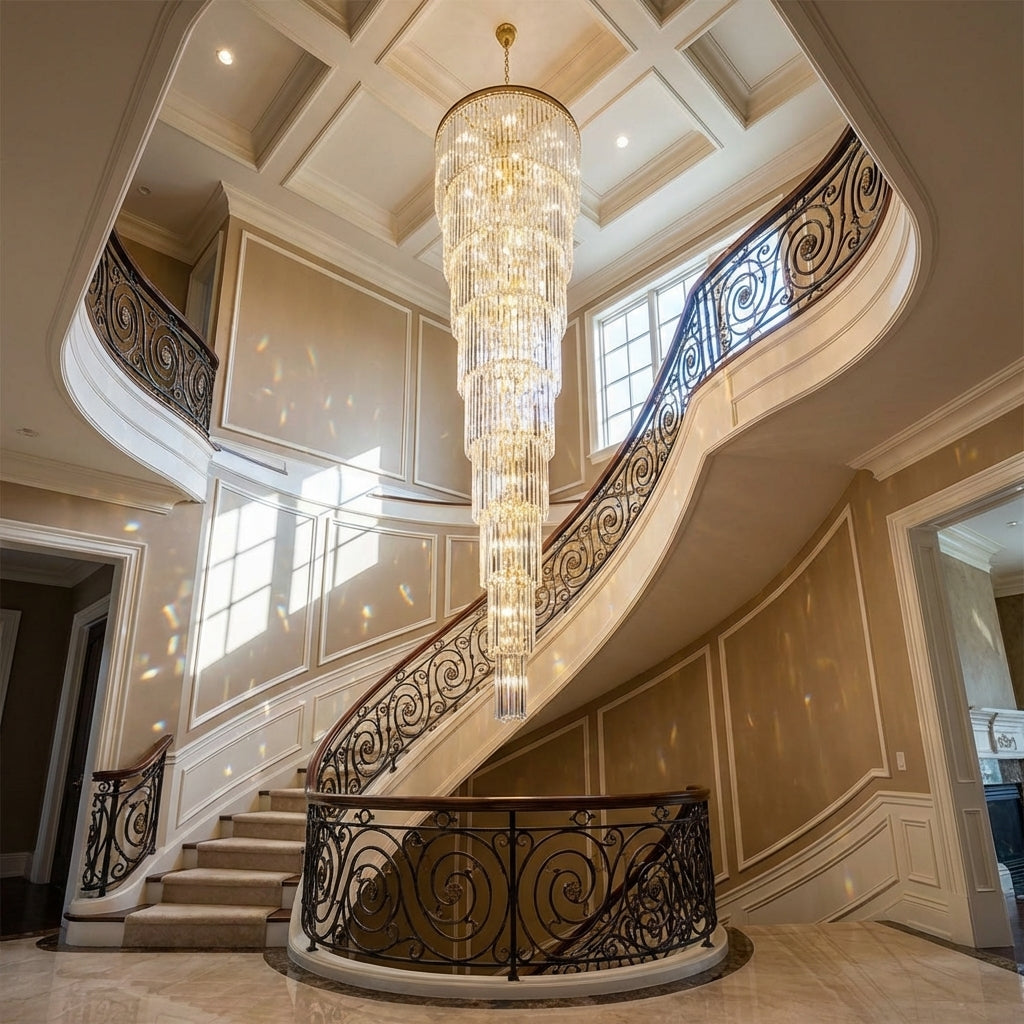 Luster Gaze Extra Large Multi-layers Long Golden Crystal Chandelier for 2-Storey/Duplex Buildings/Dining Room/Staircase - Scene