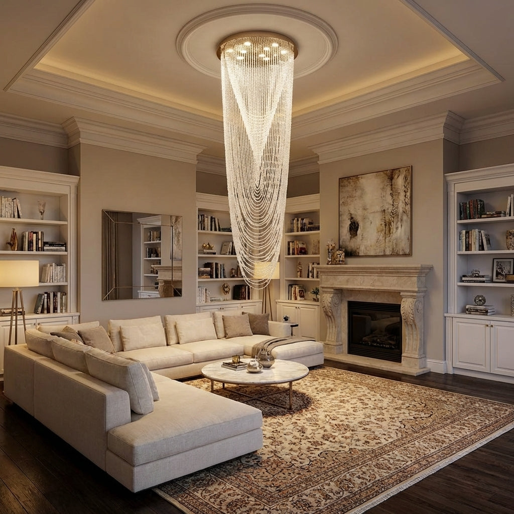 Luster Gaze Grand Tiered Waterfall Round Chandelier - luxurious American living room with tray ceiling