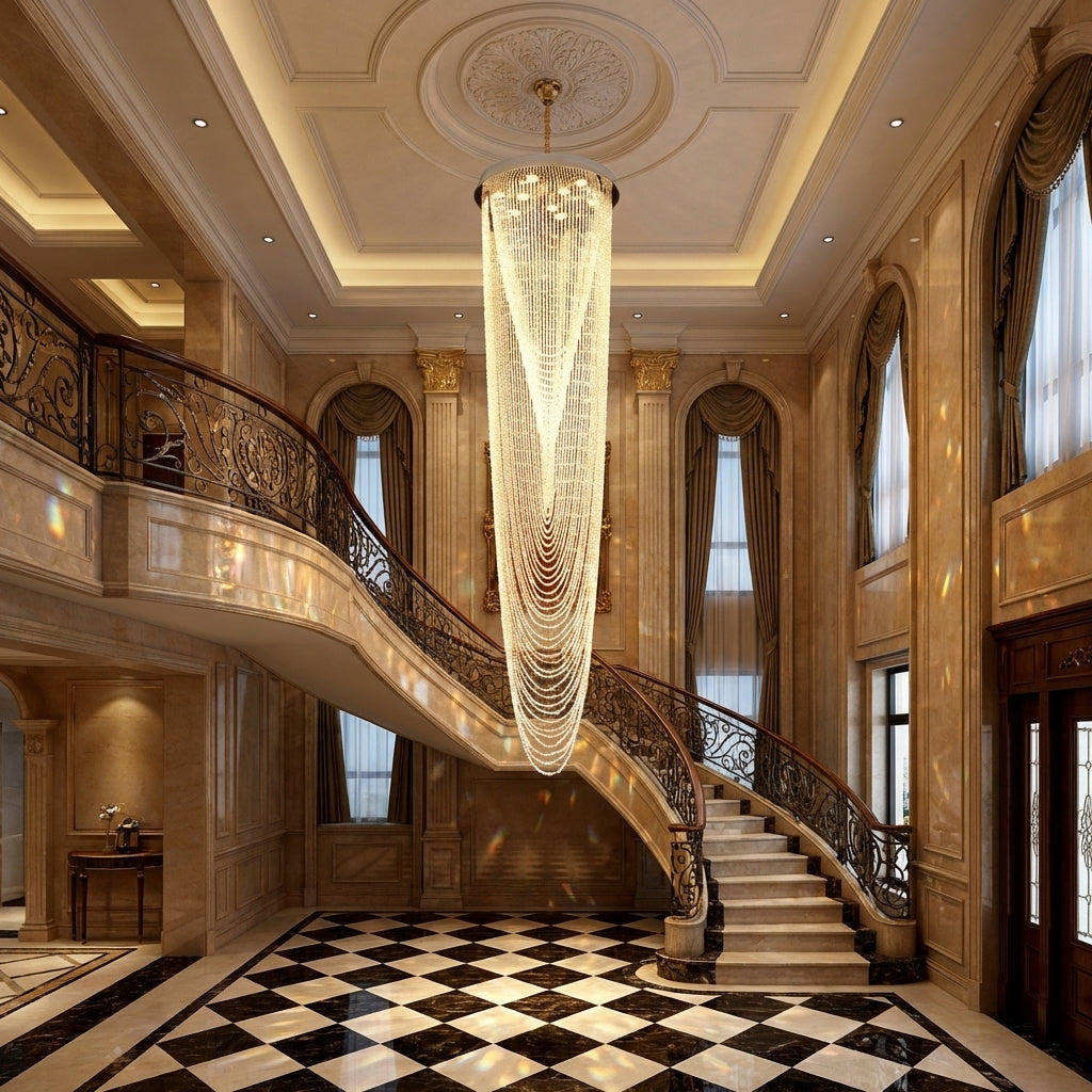 Luster Gaze Extra Large Affordable Luxury Tiered Tassel Watefall Crystal Chandelier for Spiral Staircase/Villa/Hotel Lobby/Foyer - grand American estate foyer