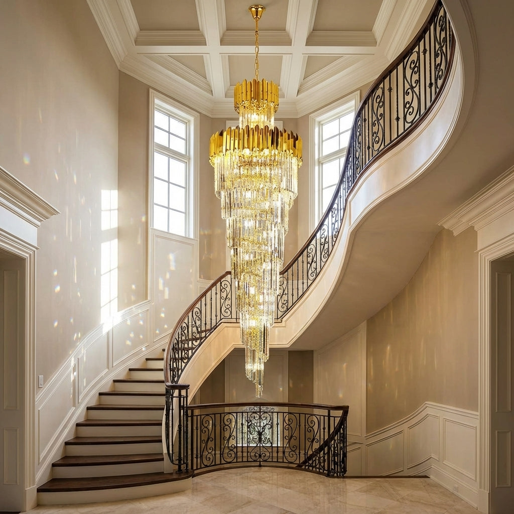 Luster Gaze Grand Radiance K9 Crystal Chandelier - dramatic American stairwell with soaring ceiling