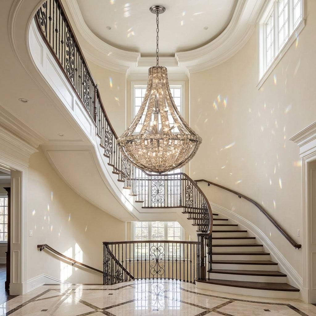 Luster Gaze Grand Lumina K9 Crystal Chandelier - dramatic American stairwell with soaring ceiling