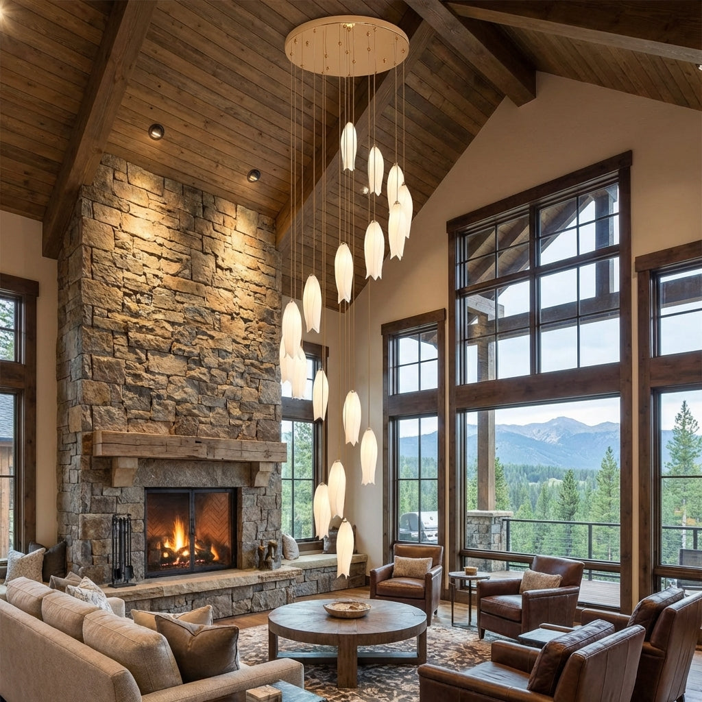 Luster Gaze Porcelain Bloom Round Chandelier - American transitional great room with cathedral ceiling