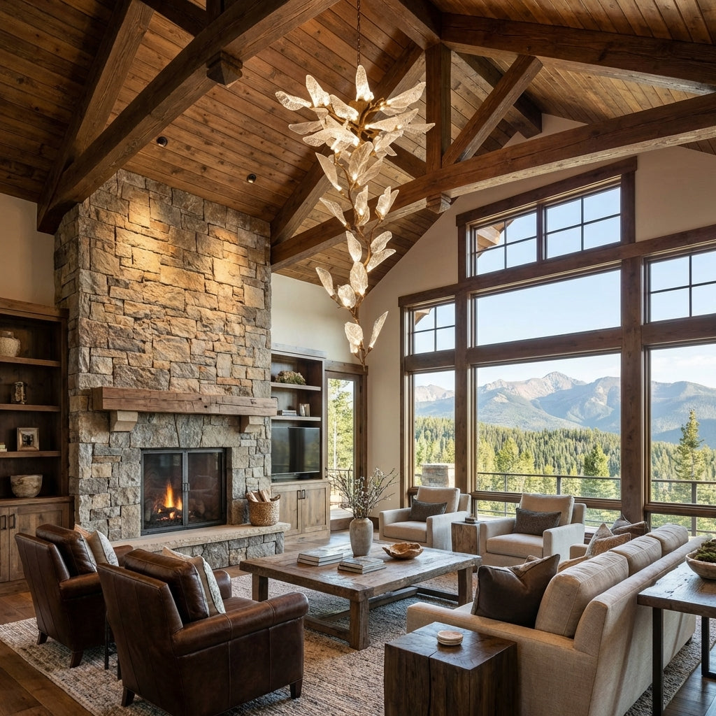 Luster Gaze Veridian Bloom Resin Chandelier - American transitional great room with cathedral ceiling