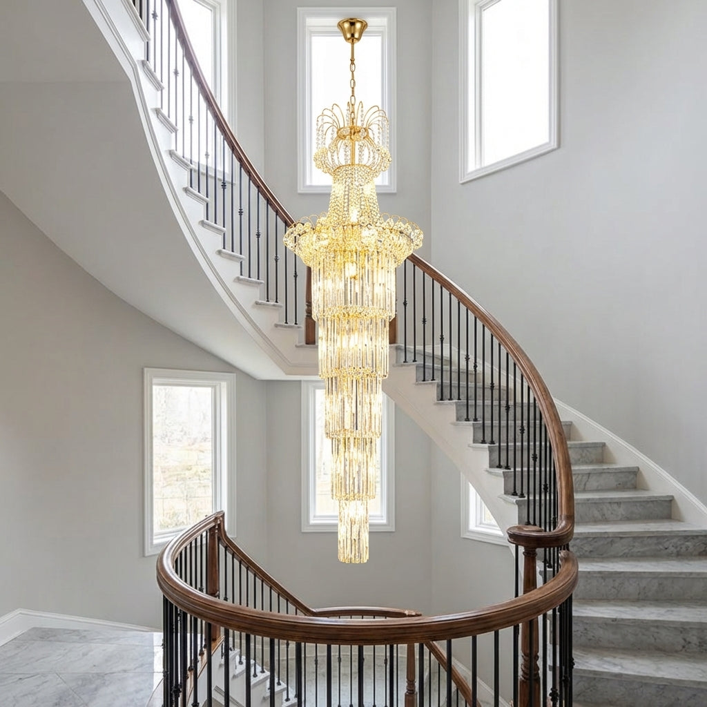 Luster Gaze Grand Lumina K9 Crystal Round Chandelier - dramatic American stairwell with soaring ceiling